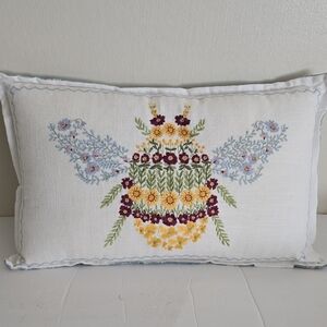 Embroidered Bee Decorative Pillow - White and Multicolor